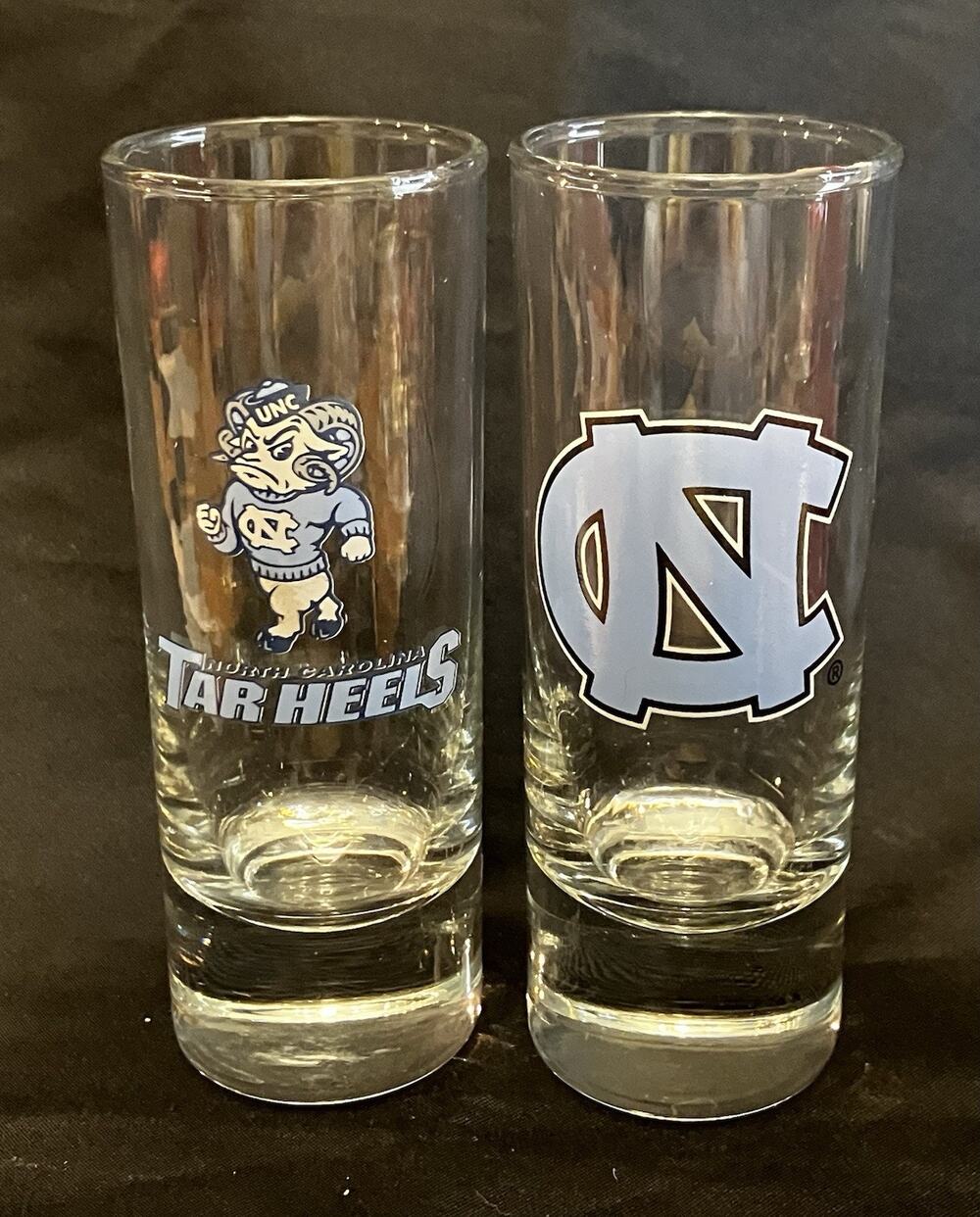 2 NCAA University of North Carolina UNC Tar Heels Mascot 4" Shot Glasses College